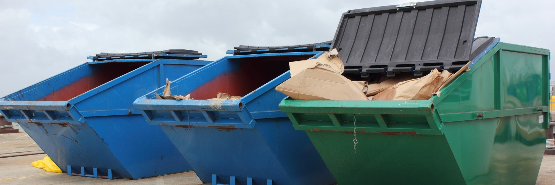 Volle Entsorgungscontainer stehen nebeneinander, fertig für das recyclen nach dem Umzug.