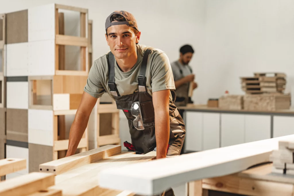 Ein Mann arbeitet in einer Holzwerkstatt und bearbeitet ein Holzstück mit einer Säge. Möbelmontage in vollem Gange.